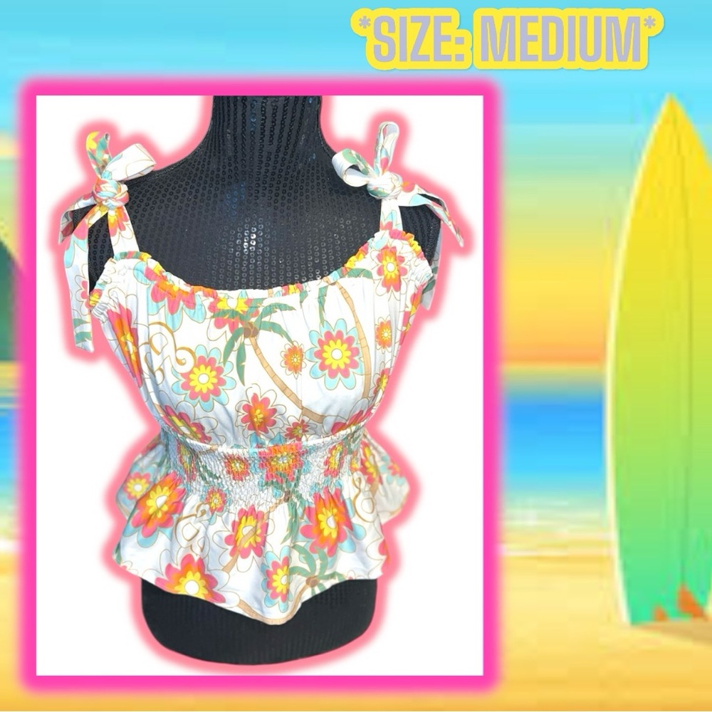 NEW: Barbie X Unique Vintage -Palm Tree Floral Breezy Babe Peplum Crop (SIZE M)